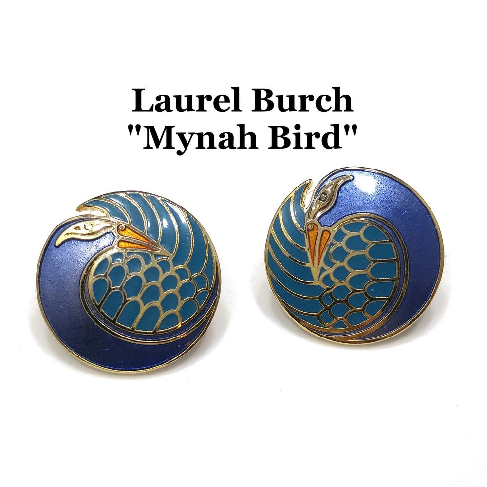 Laurel Burch "Mynah Bird" Blue Post Earrings, Gold Plated Cloisonné, 1980s